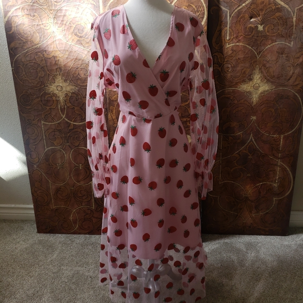 Strawberry V Neck Pink Red Long Sleeve Midi Dress